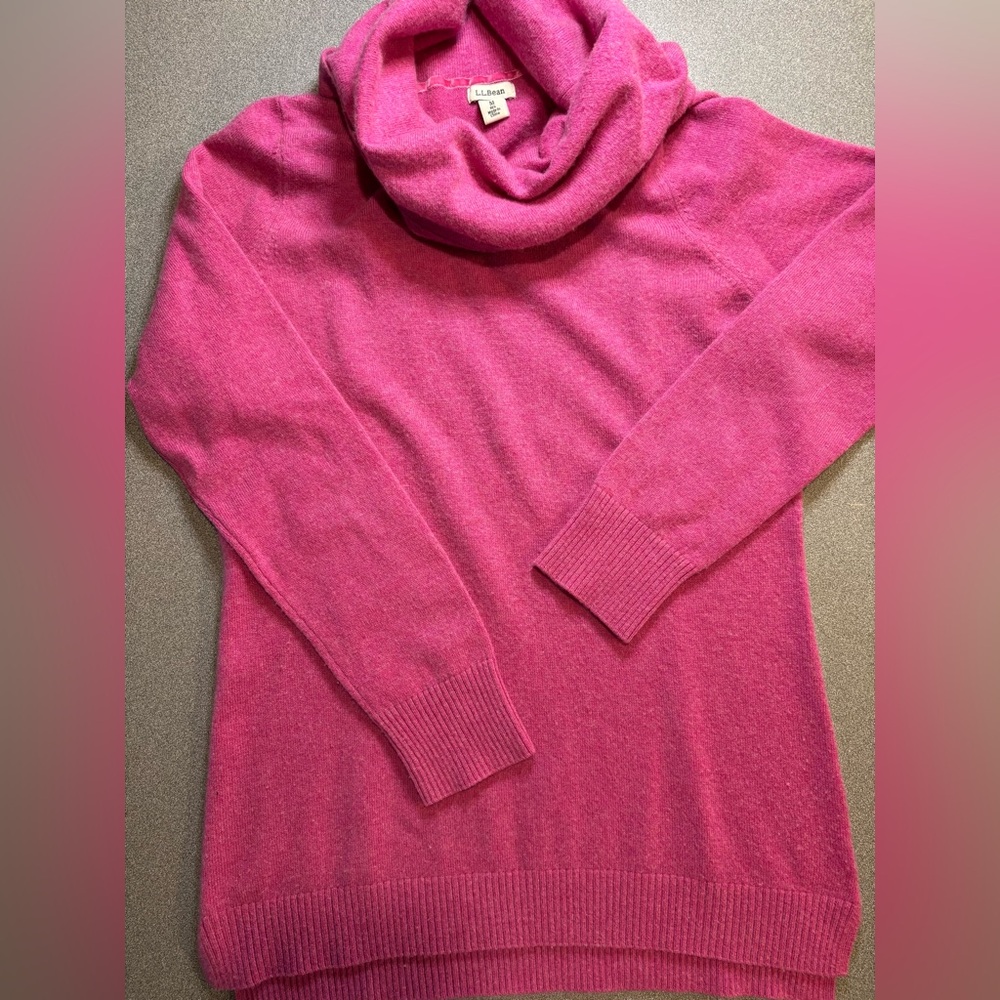 LL Bean Women's Cashmere Pink‎ Cowl Neck High Low Slits Sweater Tunic SZ M